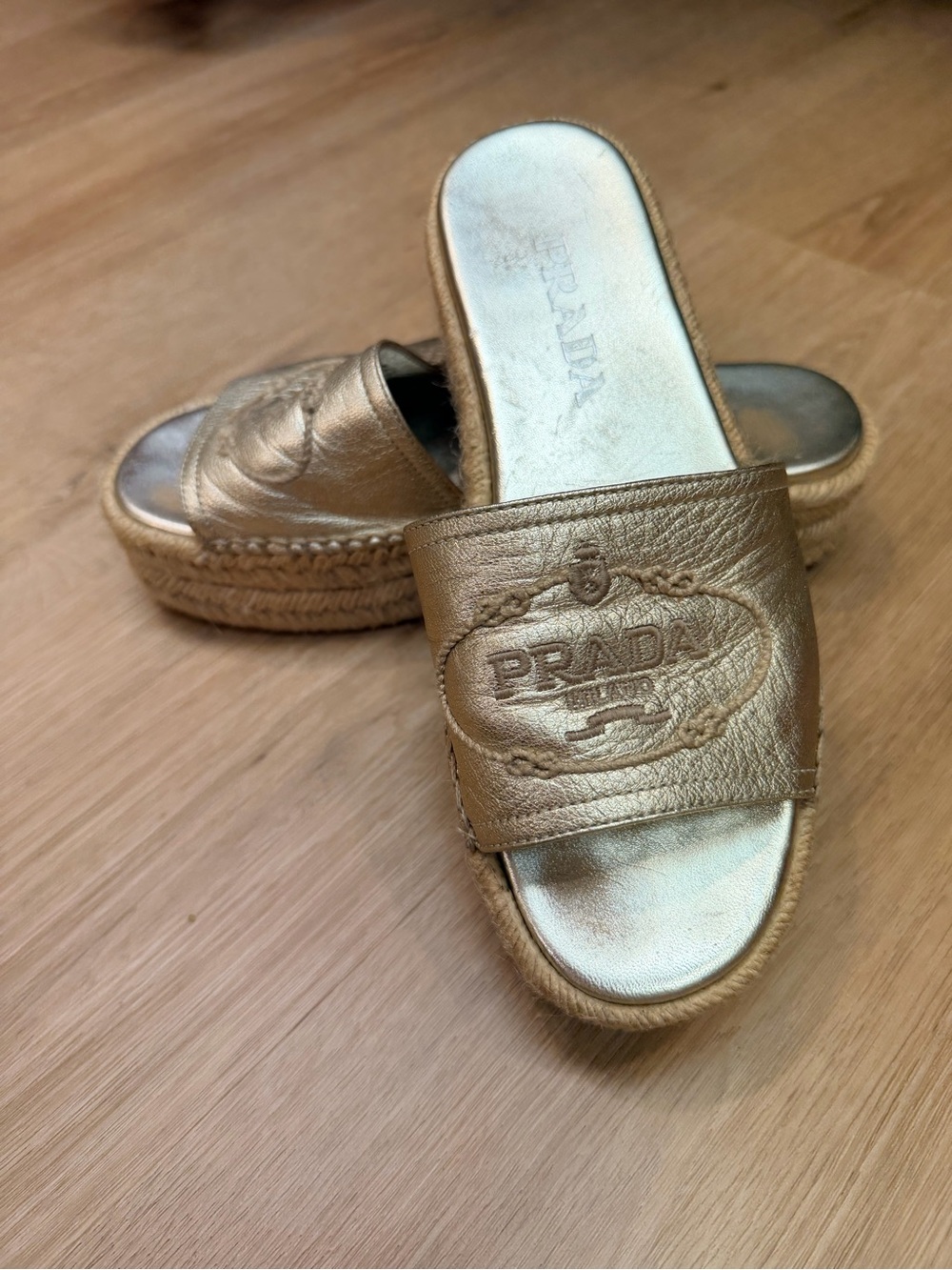 Prada Metallic Gold Leather Platform Espadrille Slides